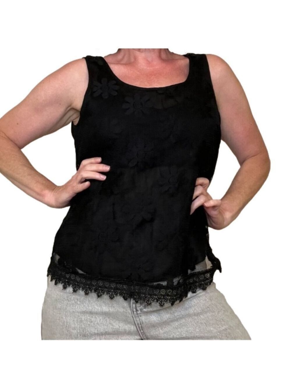 Black Sheer Lace Daisy Flower Sleeveless Top with Open Back S/M